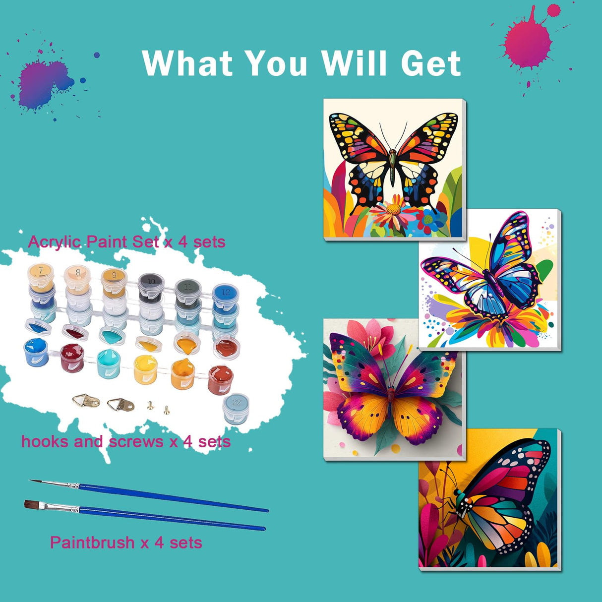 4 Pack Paint by Numbers Kit for Kids, Girls Color by Number Painting Kits for Kids Ages 8-12 Butterfly Paint by Numbers with Framed Canvas Children DIY Paints by Number Kits for Beginners 8x8 Inch AILIBUT