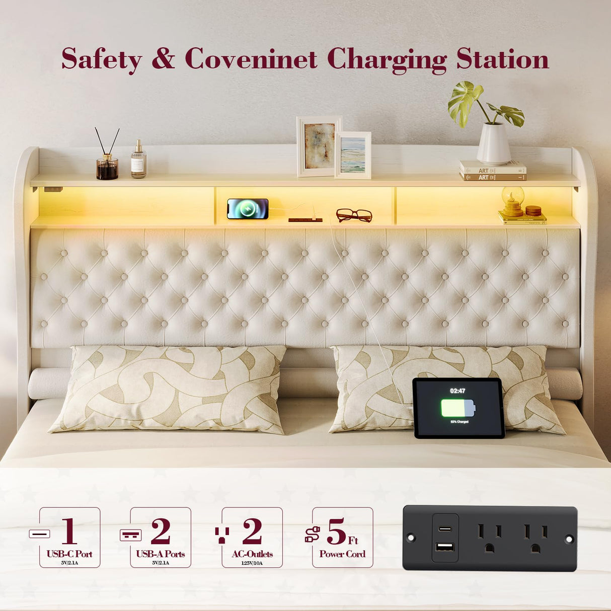 ROCHECASA Twin Bed Frame with Storage, Velvet Upholstered Bed with Charging Station and LED Light, Deep Button Tufted Wingback Headboard, No Box Spring Needed, Noise Free, Easy Assembly, Cream ROCHECASA