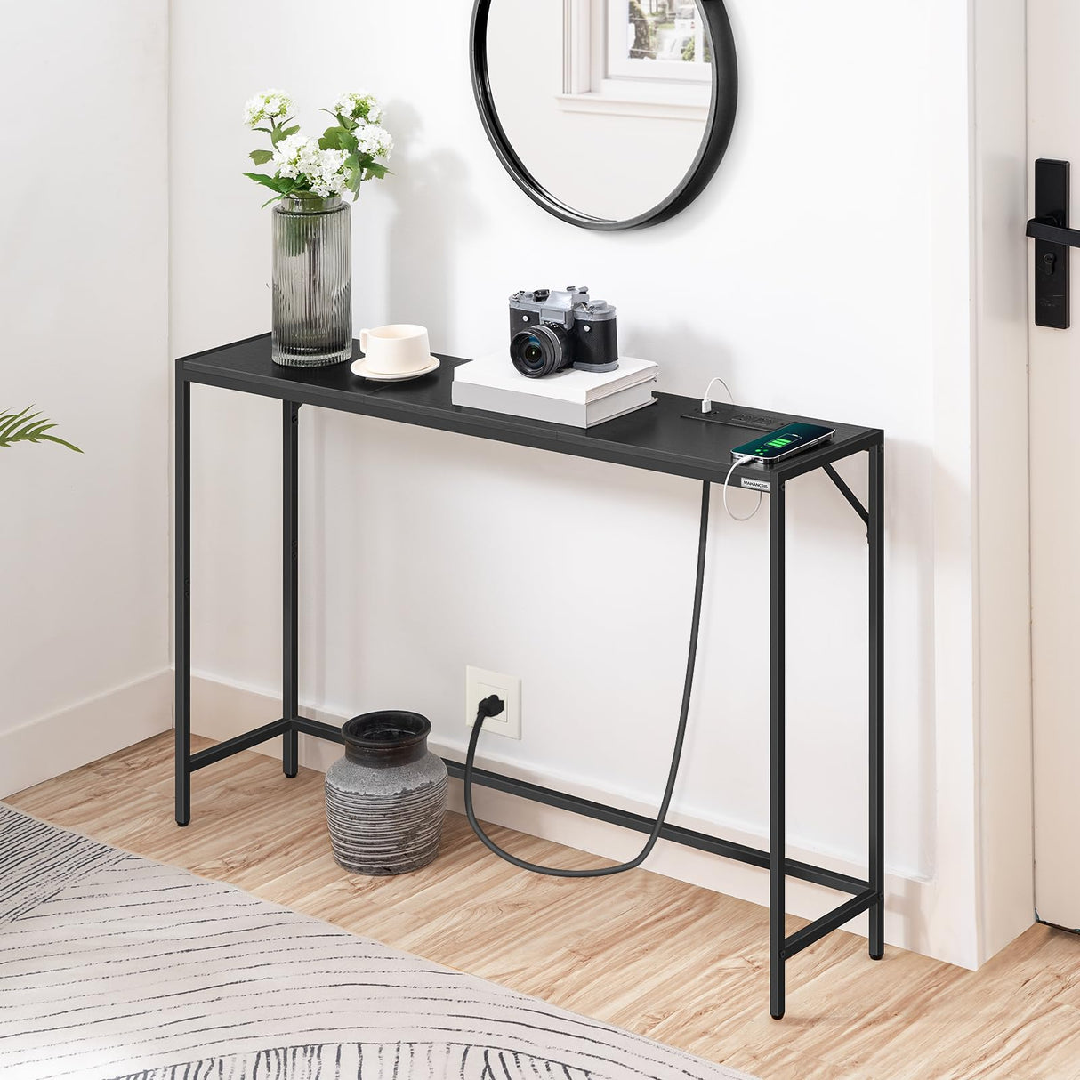 MAHANCRIS Console Table, Narrow Sofa Table, 43.3” Entrance Table with Power Station, Behind Couch Table, Simple Style, for Living Room, Hallway, Entryway, Foyer, Black CTHB112E01 MAHANCRIS