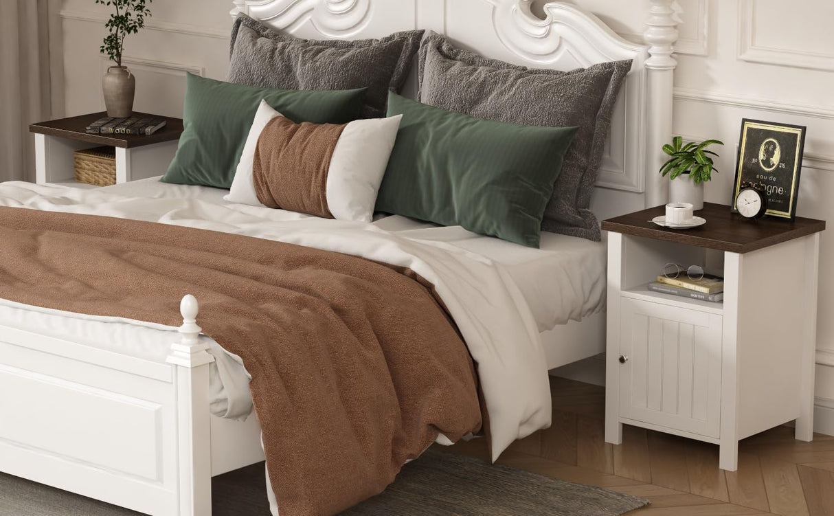 ChooChoo Farmhouse Nightstands Set of 2, Rustic Vintage End Side Table with Storage for Bedroom Living Room, White ChooChoo