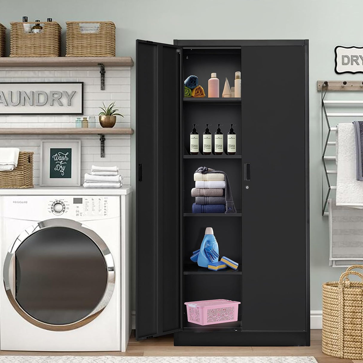 Oasecrilio Garage Storage Cabinet with 2 Lockable Doors, 5 Adjustable Shelves Metal Storage Cabinet, Kitchen Pantry Storage Cabinet, Heavy-Duty Steel Cabinet for Home, 71'H, Black Oasecrilio