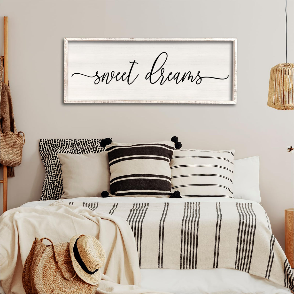 Sweet Dreams Wall Decor Above Bed 40''×15'' Master Bedroom Large Sweet Dreams Sign Farmhouse Wall Decor Guest Room Wood Rustic Framed Over Bed Wall Art Hanging Decoration (White) Surfapans