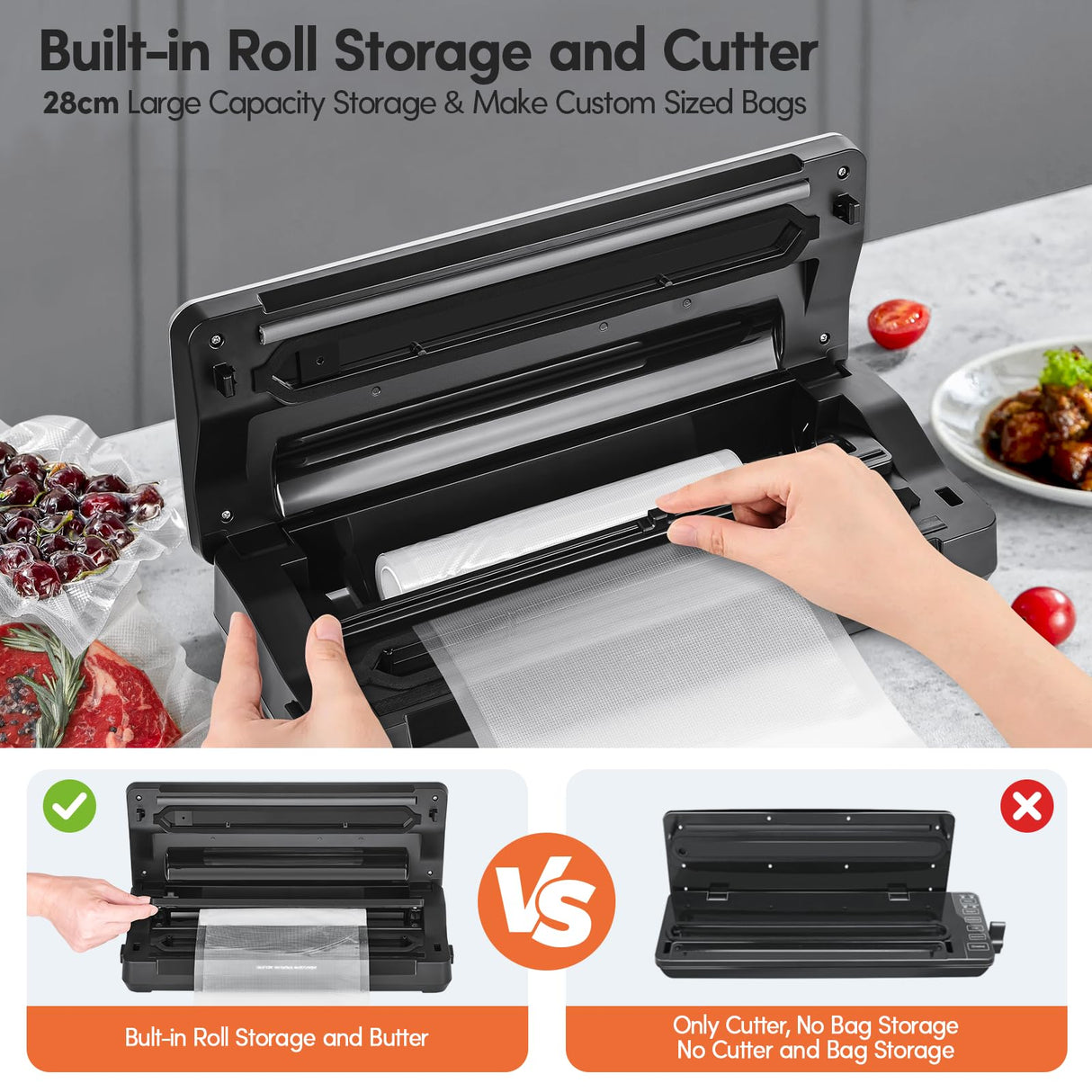 Anybear Vacuum Sealer Machine, 90kPa 120W Wide Seal All-IN-1 Powerful Food Storage, Build-in Cutter | Bags Storage | Digital Countdown Display | 2 Bag Rolls and 5pcs Pre-cut Bags (Silver Wood Grain) anybear