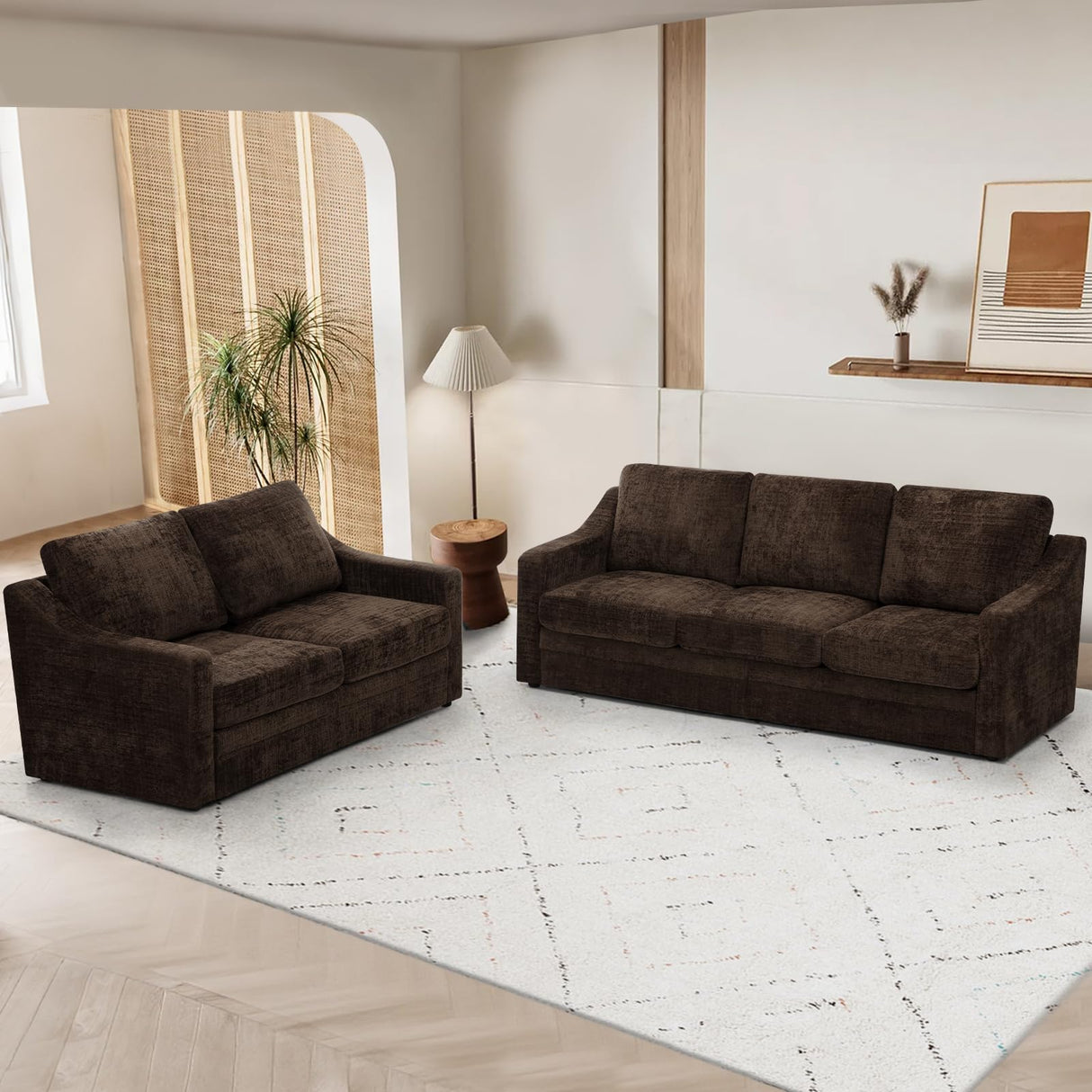 ACMEASE 2 Pieces Chenille Sofa Sets w/Comfortable Back Cushions, Modern Loveseat & Sofa w/Deep Seat Space, Upholstered 2 Seat & 3 Seats Couch Sets w/High Resiliency Foam for Living Room, Office Brown ACMEASE