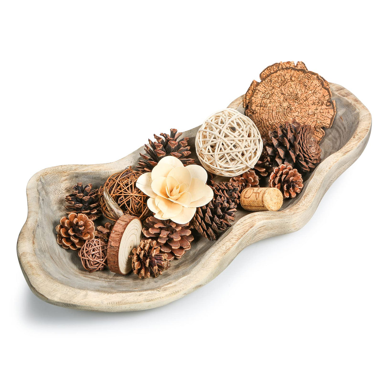 Wavy Live Edge Wooden Dough Bowl for Decor 16"L Medium Natural Root Wood Hand Carved Decorative Wooden Farmhouse Fruit Bowl Handmade, Home Decoration Centerpiece, Dining Room Table Display Bowl QIELSER