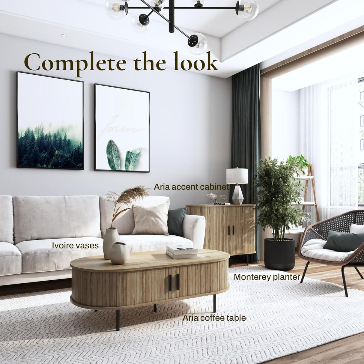 LuxenHome Oval Coffee Table with Storage, 47" Mid Century Modern Fluted Coffee Tables for Living Room, Wooden Sliding Door Boho Storage Center Table for Home, Office LuxenHöme