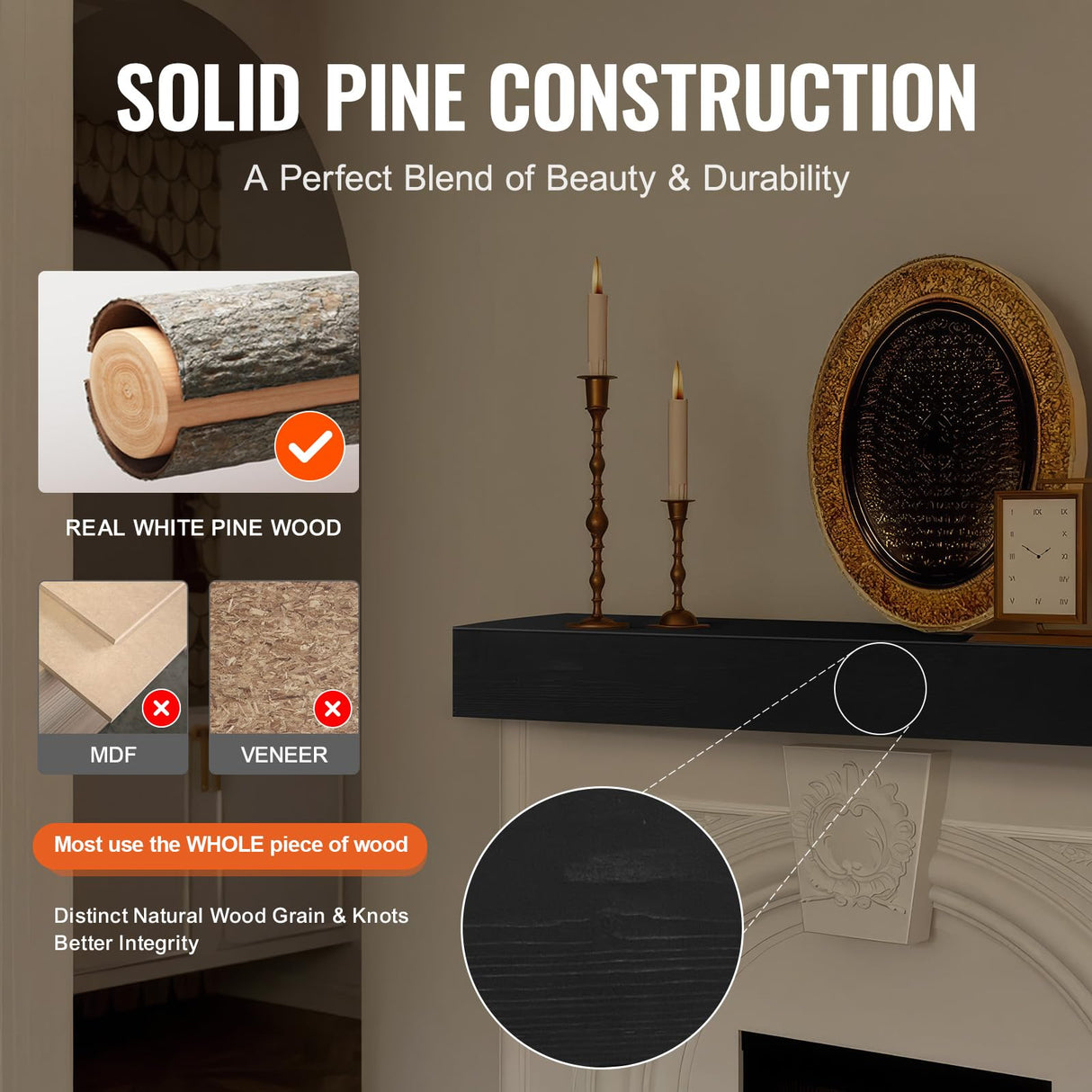 VEVOR Fireplace Mantel, 48" x 8" x 5", 50 lbs Weight Capacity, Natural Wood Mantel for Over Fireplace, Wall Mounted Floating Farmhouse Shelf, Handcrafted Fireplace Mantel for Wall Decor, Espresso VEVOR