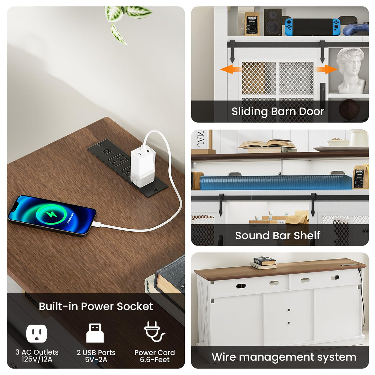 HAIOOU 63" Farmhouse TV Stand with LED Light & Power Outlets for TVs up to 70 Inches, 31.5" High Tallboy TV Console Stand Entertainment Center with Cross Design Sliding Barn Doors - White HAIOOU