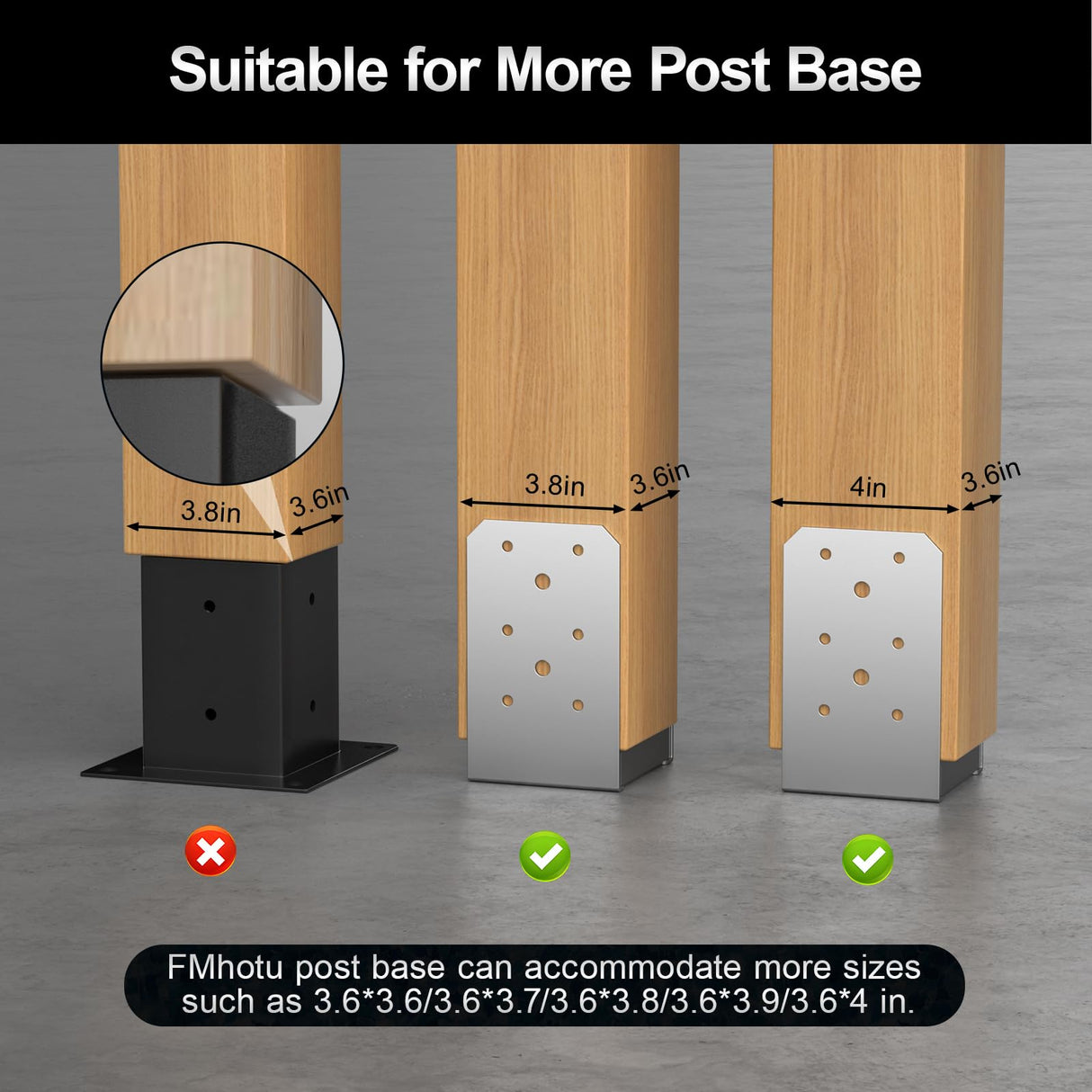 FMhotu 4"x 4" Post Base, 2Pcs Stainless Steel Adjustable Post Anchor Bracket (Internal 3.5 x 3.5), Adjustable Post Base for Pavilion Deck Porch Handrail Railing Support Decorative Anchor Plate FMhotu