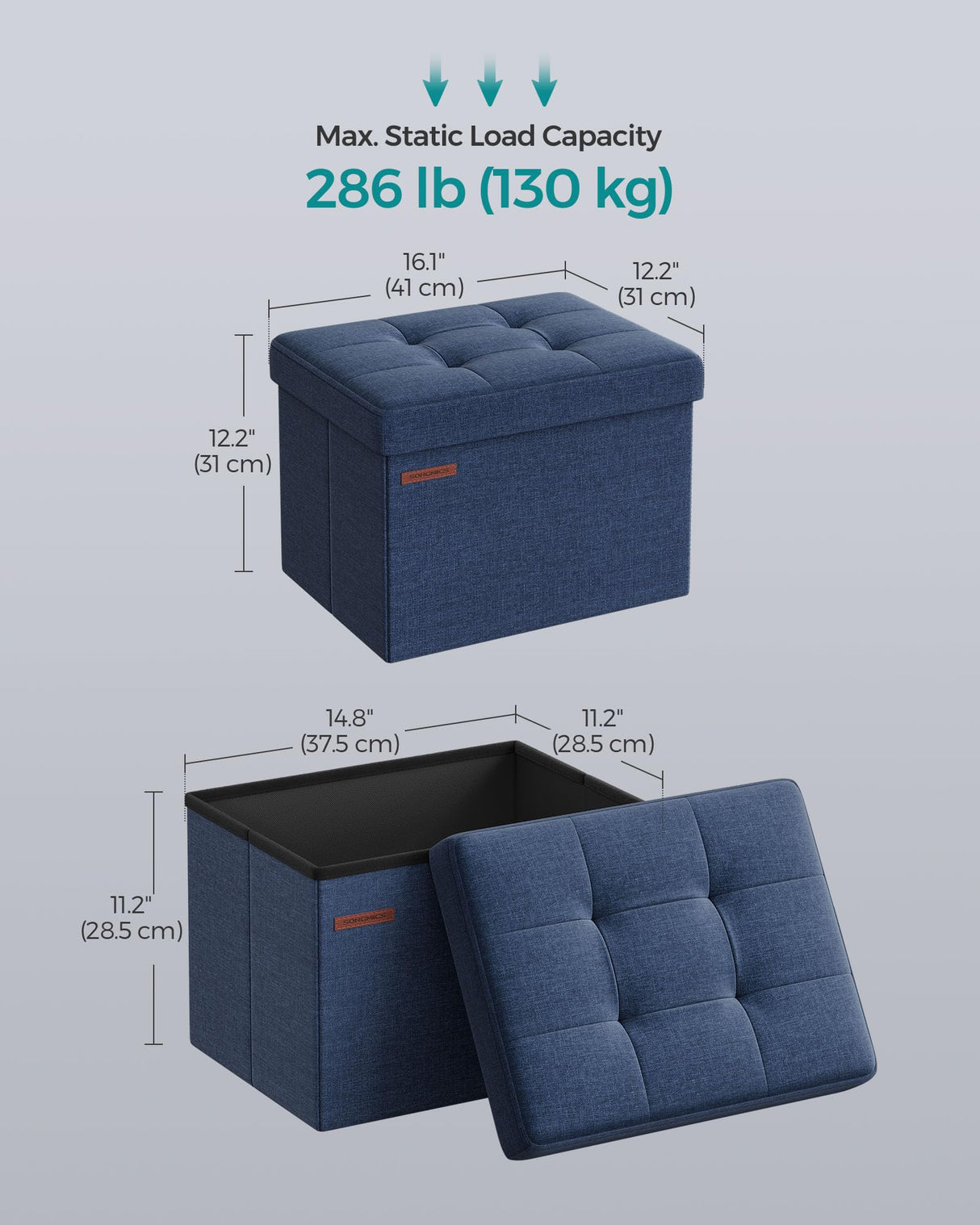 SONGMICS Mazie Collection - Small Folding Storage Ottoman, Foot Rest Stool, 12.2 x 16.1 x 12.2 Inches, 286 lb Load Capacity, for Living Room, Bedroom, Home Office, Dorm, Midnight Blue ULSF102Q02 SONGMICS