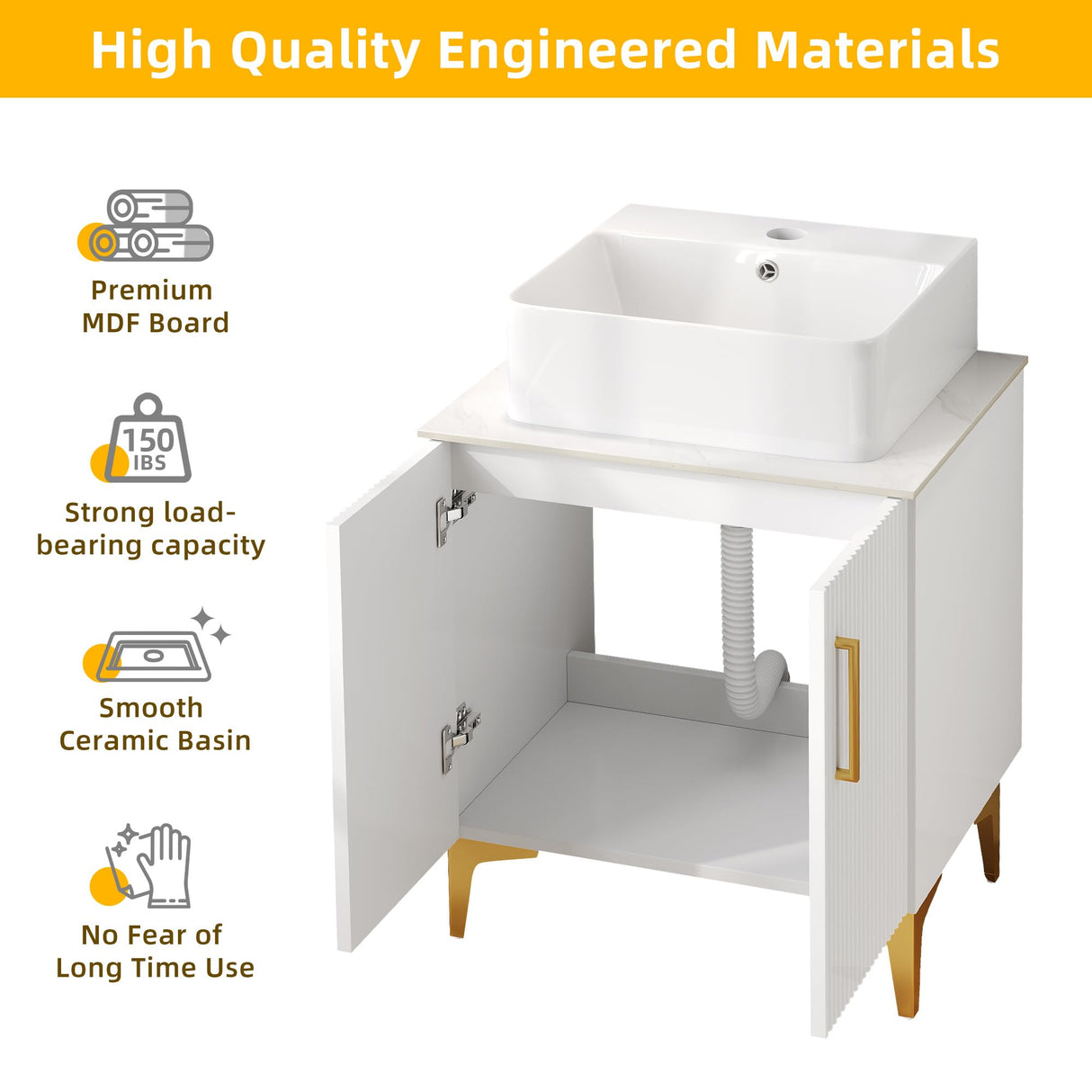 DWVO Bathroom Vanity 24 Inch with Counter Top Sink Combo, Modern Bathroom Storage Vanity Cabinet Set Included 2 Large Soft Closing Doors, Drain, Gold Handles & Legs, White DWVO