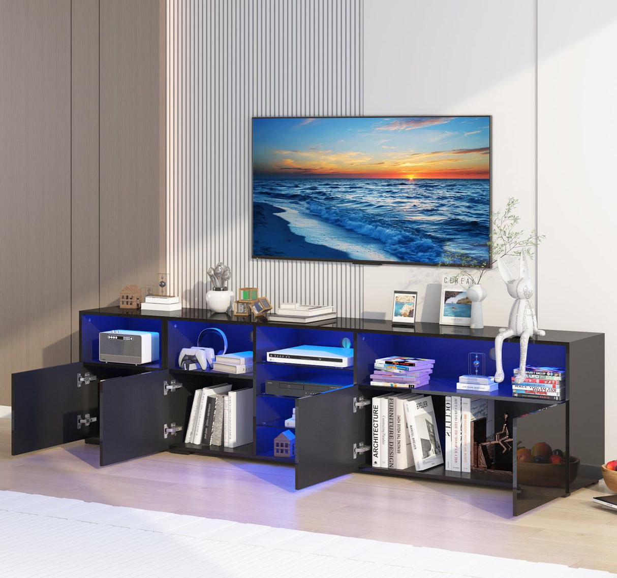 jiteentarou 79IN LED TV Stand for 75/80/85inch TV,High Glossy Modern TV Stand for Living Room,TV Entertainment Center with Adjustable Storage Shelf,RGB LED Lighting,TV Console(Black) jiteentarou