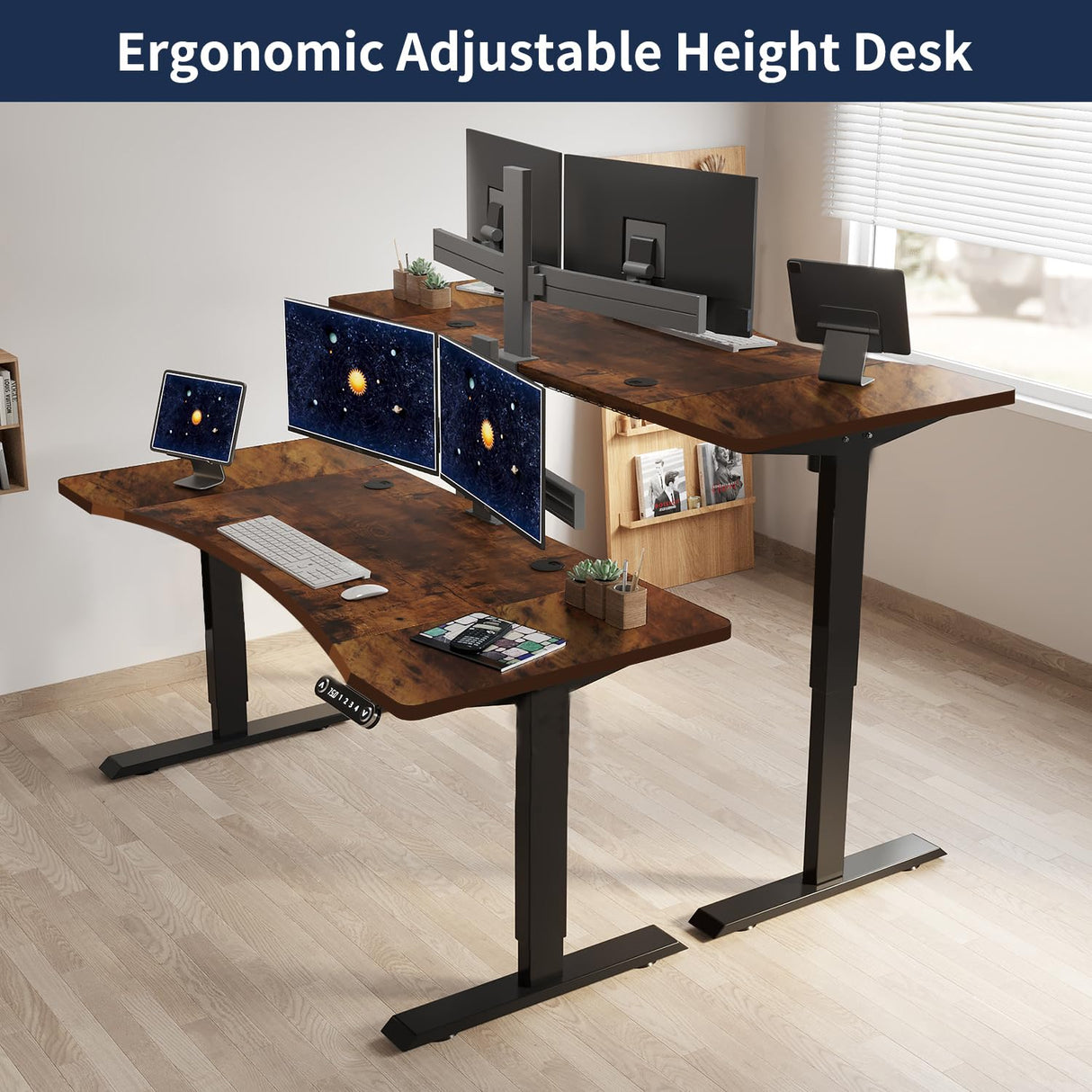 Dual Motor Electric Standing Desk, 63 x 30 Inches Height Adjustable Table with Splice Board, Ergonomic Sit Stand Computer Desk with Black Frame/Rustic Brown Top HEONAM