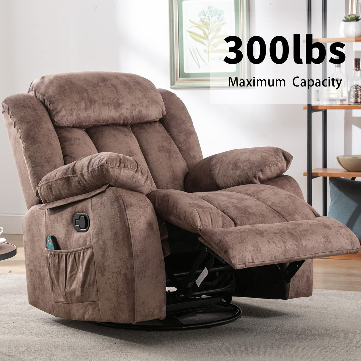 CANMOV Massage Rocker Recliner with Heat and Vibration, 360 Degree Swivel Manual Antiskid Fabric Single Sofa Heavy Duty Reclining Chair for Living Room, Dark Brown CANMOV
