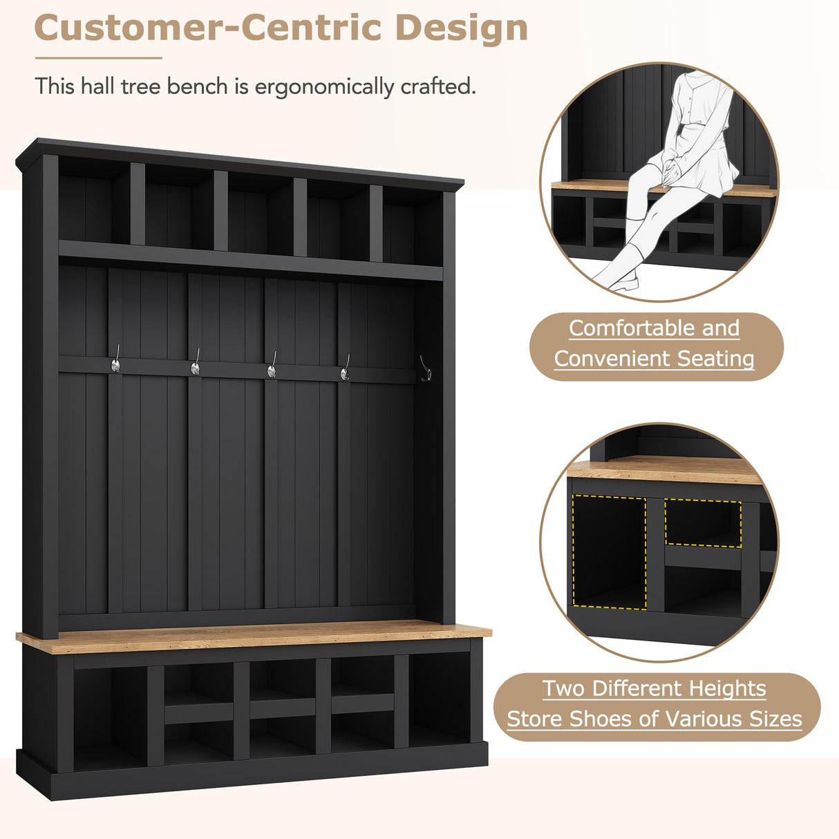 Merax Farmhouse Wood Hall Tree with Bench and Shoe Storage, 5-in-1 Coat Rack with 6 Hooks for Entrance, Hallway Black Merax