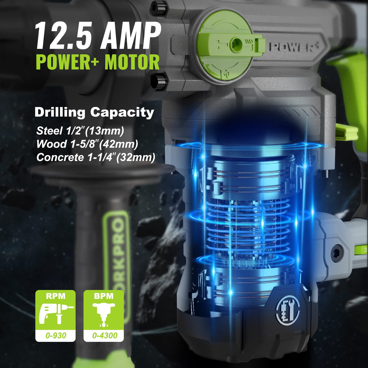 WORKPRO Premium 1-1/4 Inch SDS-Plus Rotary Hammer Drill, 12.5AMP, Heavy Duty Corded Version for Concrete Demolition Chipping Rotomartillo, 5 SDS-Plus Bits WORKPRO