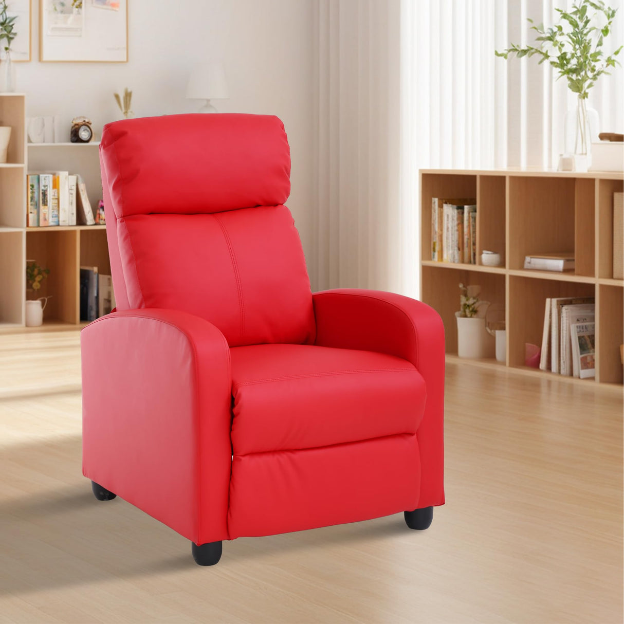 MKDLUFEI Adult Recliner Chair PU Leather Massage Recliner Sofa with Lumbar Support, Push Back, Armrests, Footrest, Adjustable Home Theater Seating for Living Room Home Theater (Black) (Red) MKDLUFEI