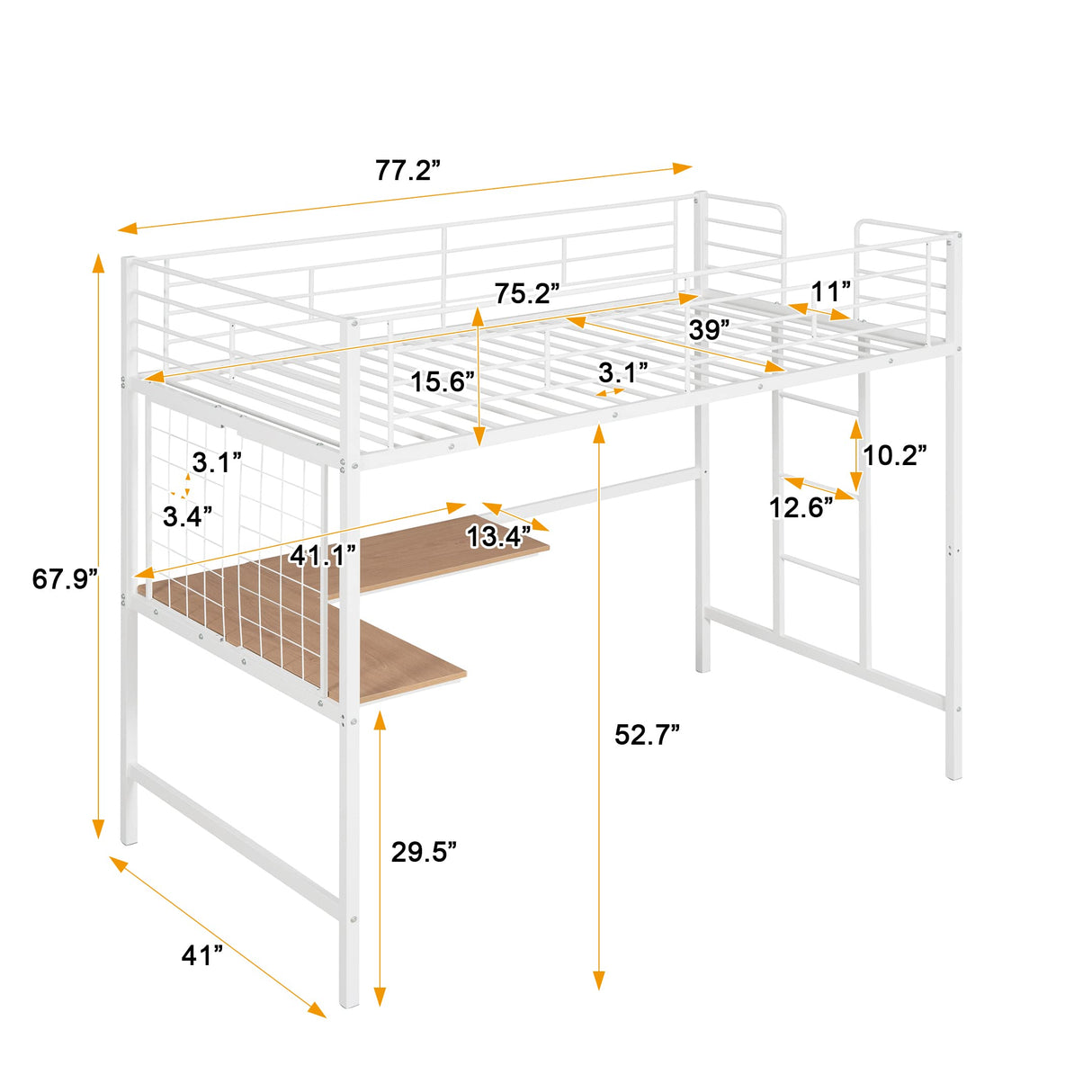 Twin Size Loft Bed with Desk and Metal Grid, Metal Loft Bed Twin with Safety Guardrails and Ladders, High Loft Bed Frame for Teens, Adults, No Box Spring Needed (Twin, White) Harper & Bright Designs