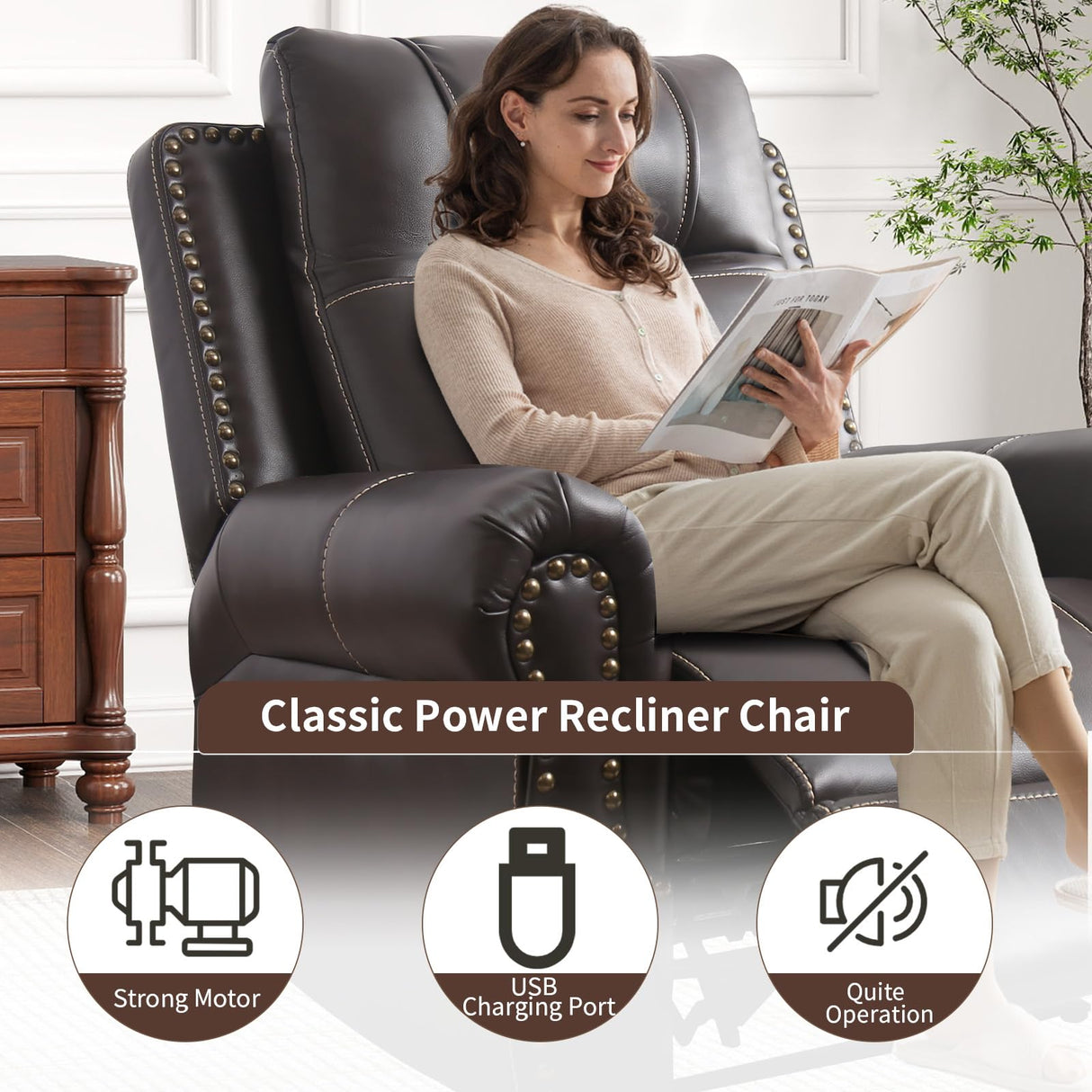 HAOMARKETS Classic Oversized Power Recliner Chair with with Rivets, Breathable Faux Leather Electric Recliner with USB Port, Overstuffed Reclining Sofa for Living Room, Dark Brown HAOMARKETS