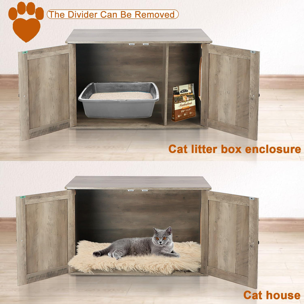Timberer Cat Litter Box Enclosure, Litter Box Furniture Hidden with Removable Divider, Wooden Cat Washroom Furniture, Indoor Cat House, Greige Timberer
