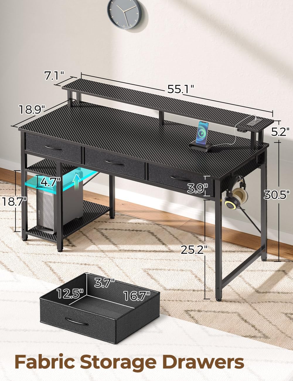 Rolanstar Computer Desk with Power Outlets & LED Light, 55 inch Home Office Desk with 3 Drawers and Storage Shelves, Writing Desk with Monitor Stand, Modern Work Desk for Home Office, Carbon Black Rolanstar