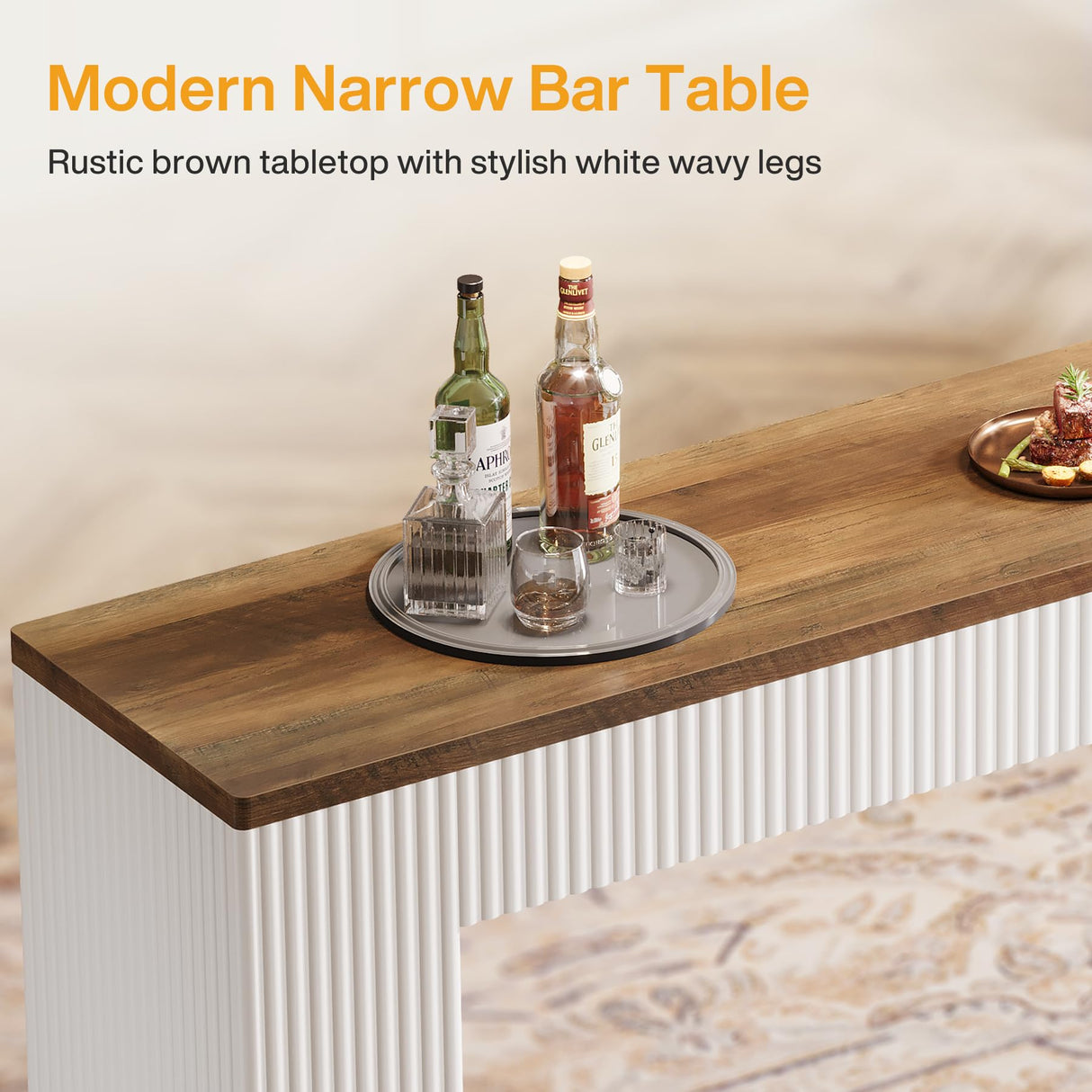 Tribesigns Bar Table, Narrow Bar Height Table with Long Wooden Tabletop, 63" Modern Tall Kitchen Bar Table with White Wave Legs for Pub, Dining Room, Balcony, Rustic Brown & White Tribesigns