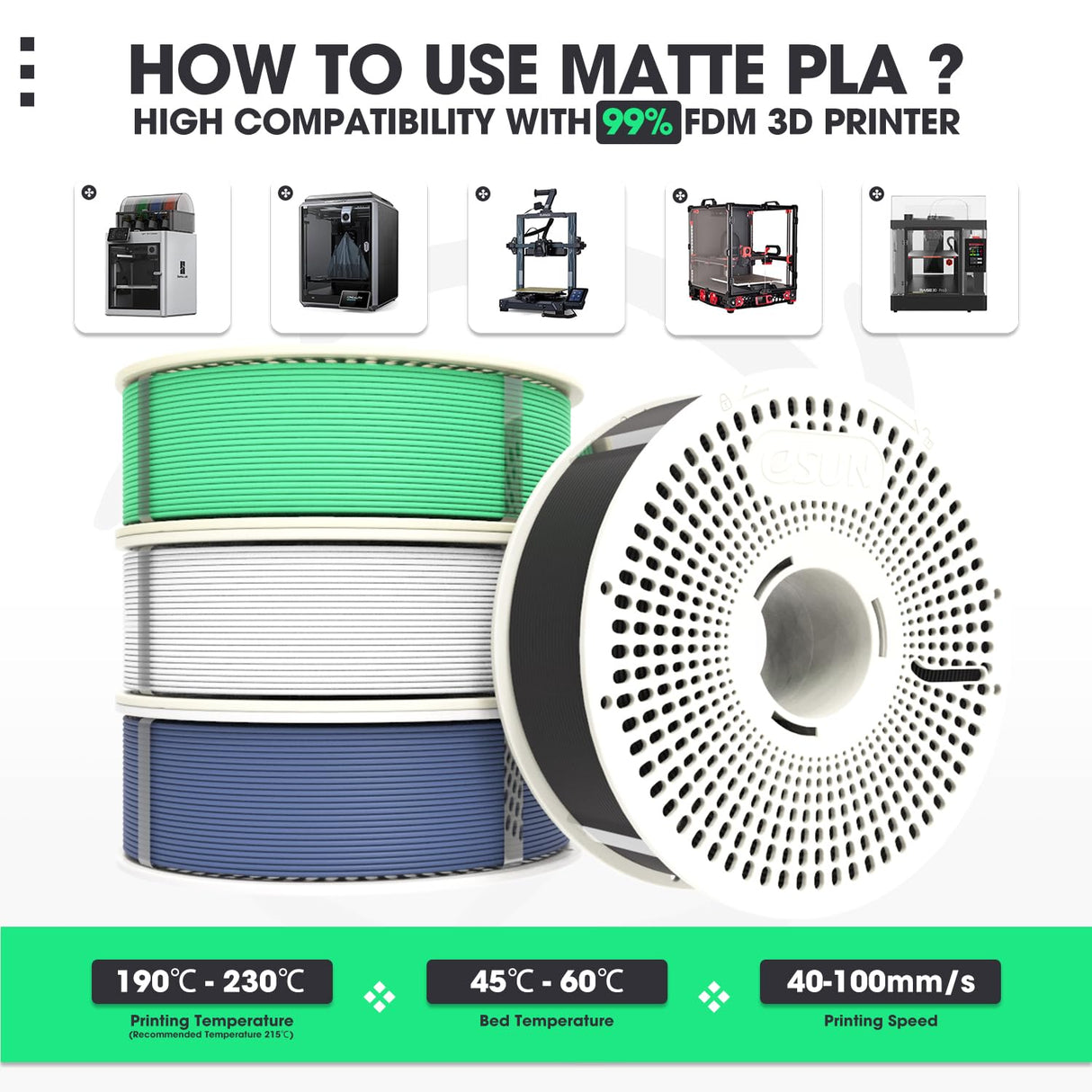 eSUN Matte PLA Refilament 1.75mm and Upgarded eSpool+ Set, Reusable and Removable Filament Spool Replacement with 3D Printer Refill Matte PLA,Dark Grey eSUN