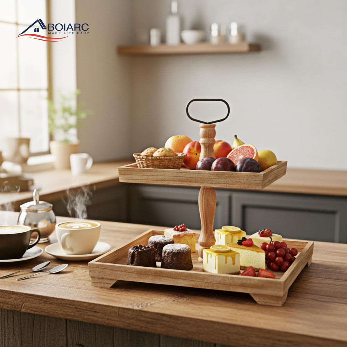 Boiarc Rustic Wooden 2 Tiered Tray Stand, Farmhouse Tiered Serving Tray Decor, Rectangle Wood Display Stands for Food Fruits Cupcake and Seasonal Festive Decorations (Brown) Boiarc