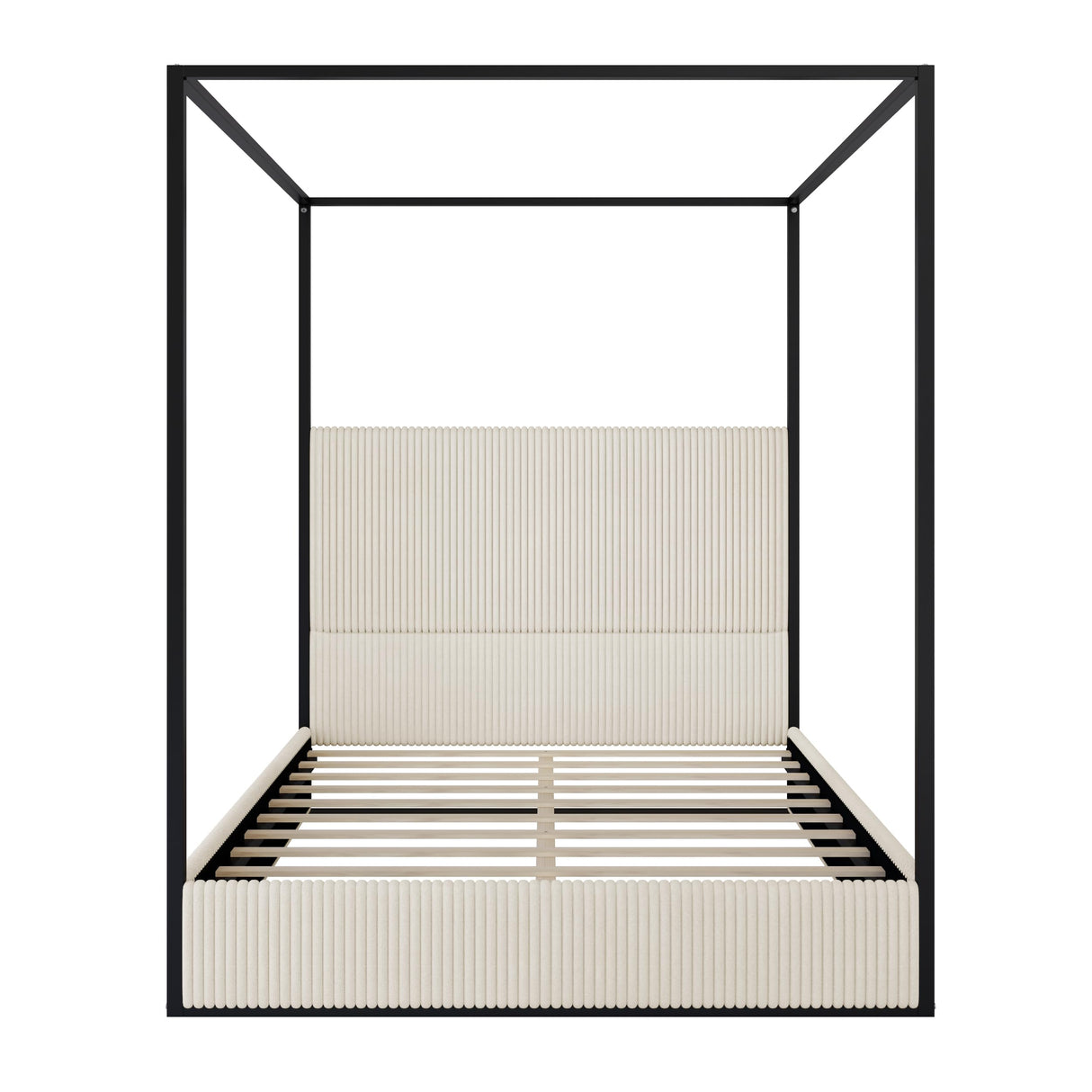 King Size Metal Canopy Bed with Tall Upholstered Channel Headboard and Gold 4 Poster, No Box Spring Needed (Cream+ Black, King) BEDGJH