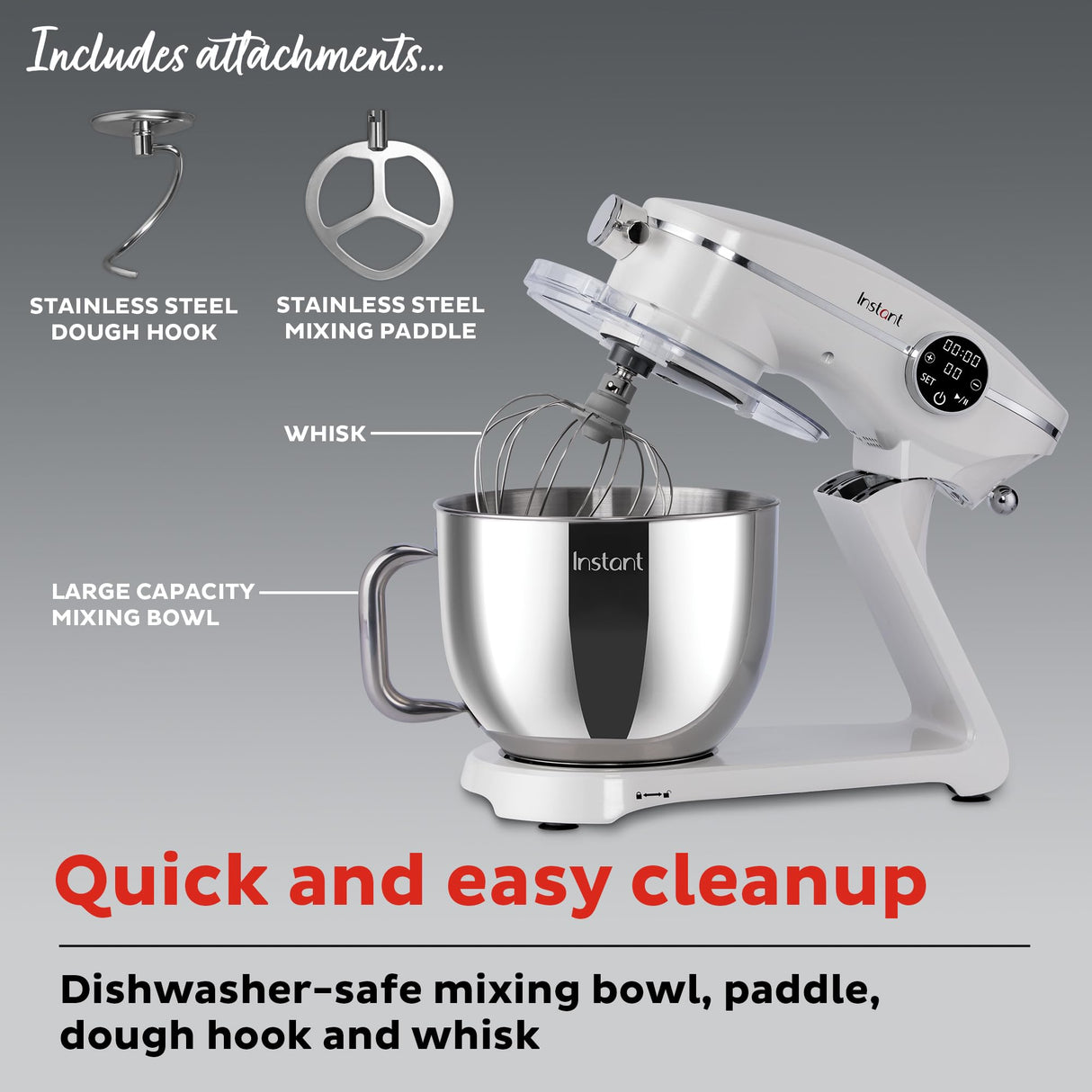 Instant Pot Instant Stand Mixer Pro,600W 10-Speed Electric Mixer with Digital Interface,7.4-Qt Stainless Steel Bowl,Dishwasher Safe Whisk,Dough Hook and Mixing Paddle,Pearl Instant Pot