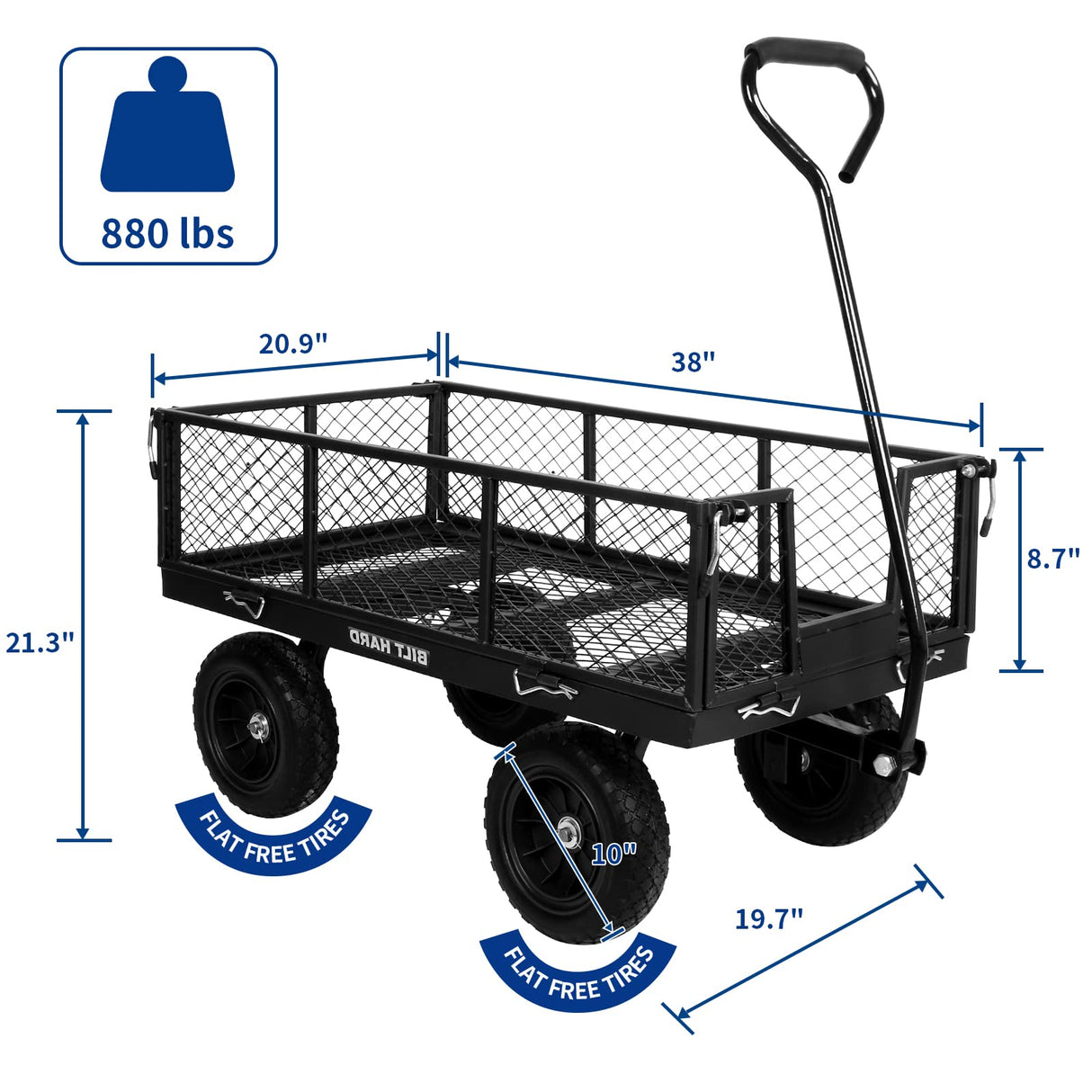 BILT HARD 880 lbs 10" Flat Free Tires Steel Garden Cart with 180° Rotating Handle and Removable Sides, Heavy Duty 4 Cu.Ft Capacity Utility Garden Carts and Wagons BILT HARD
