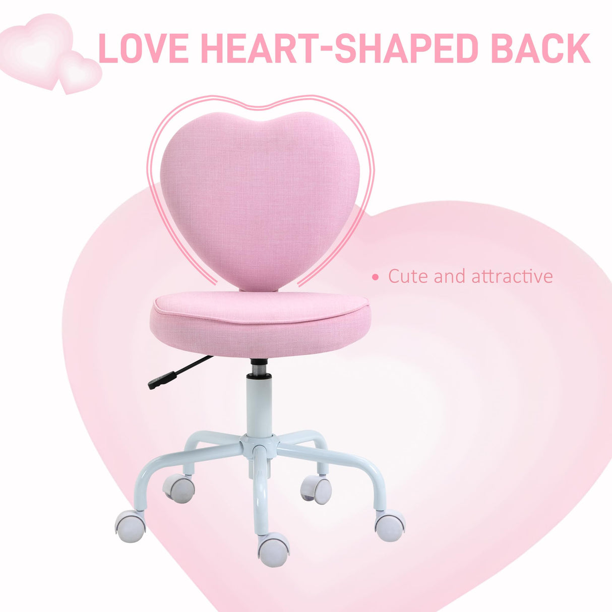 HOMCOM Armless Home Office Desk Chair, Modern Fabric Makeup Vanity Chair with Heart Shape, Swivel Wheels, Height Adjustable, Pink HOMCOM