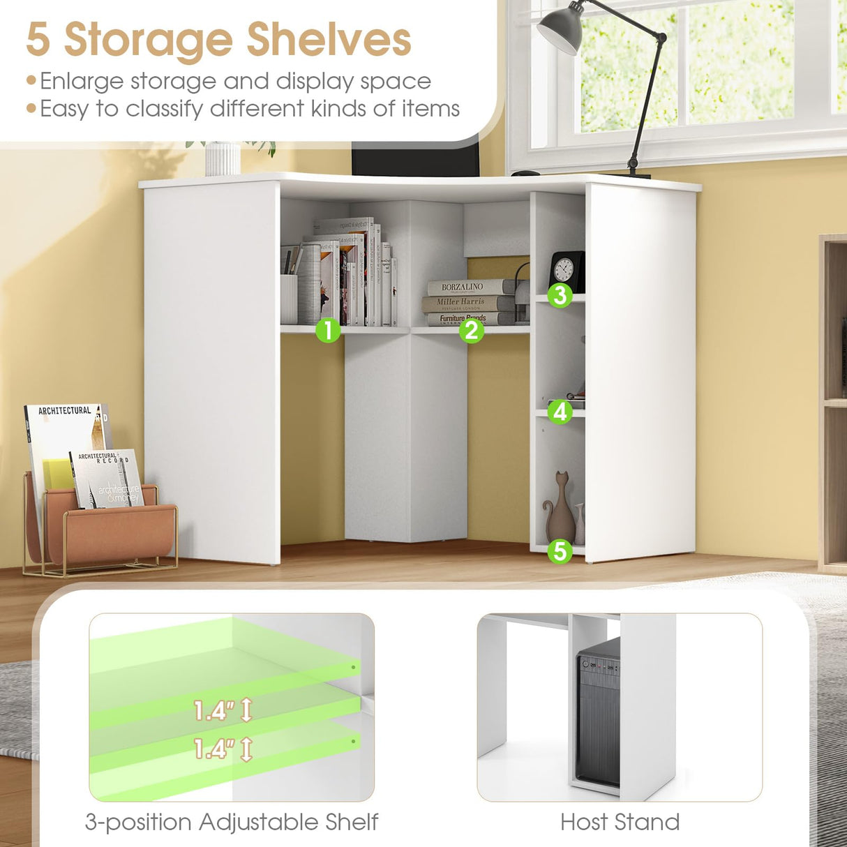 Tangkula White Corner Desk with Storage Shelves, Space-saving Triangle Study Writing Desk with Adjustable Shelves, Corner Makeup Vanity Desk for Bedroom, Corner Desk for Small Space Tangkula