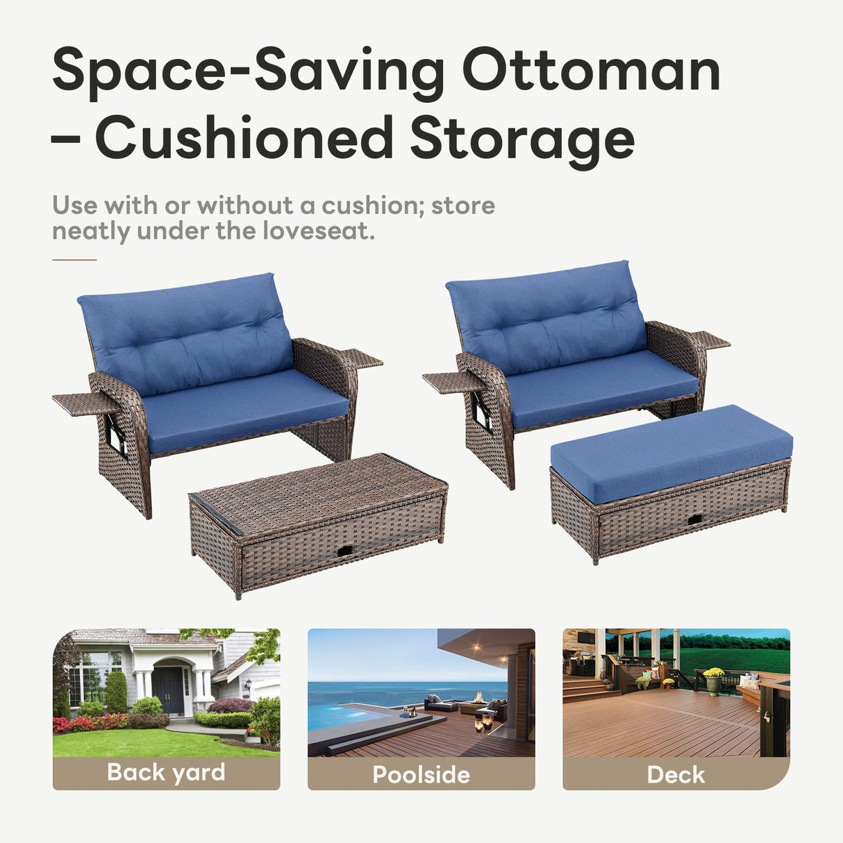 Belord Oversize Outdoor Daybed Set - Patio Recliner Loveseat with Storage Ottoman, Wicker Double Lounge Chair wth 5 Level Adjustable Backrest and 2 Retractable Table Belord