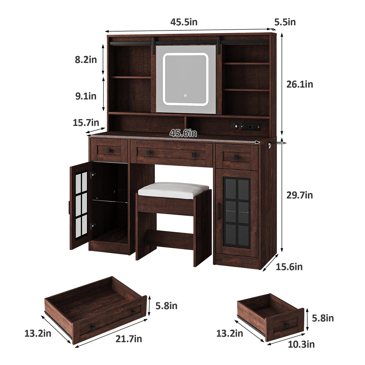 Maupvit Farmhouse Makeup Vanity Desk with Sliding Mirror, 45.5" Vanity Set with 3 Drawers & 2 RGB LED Cabinets & Charging Station, Ample Storage, Stool Included, Brown Maupvit