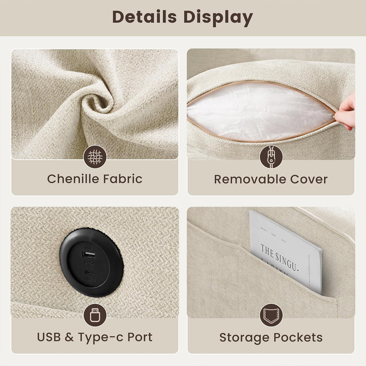 PARKOL 99" L-Shaped Sectional Couch with Storage, Sofa with Reversible Chaise, USB Type-C Charging, Chenille Fabric, Removable Cushion Covers, for Small Space, Apartment, Living Room, Beige PARKOL