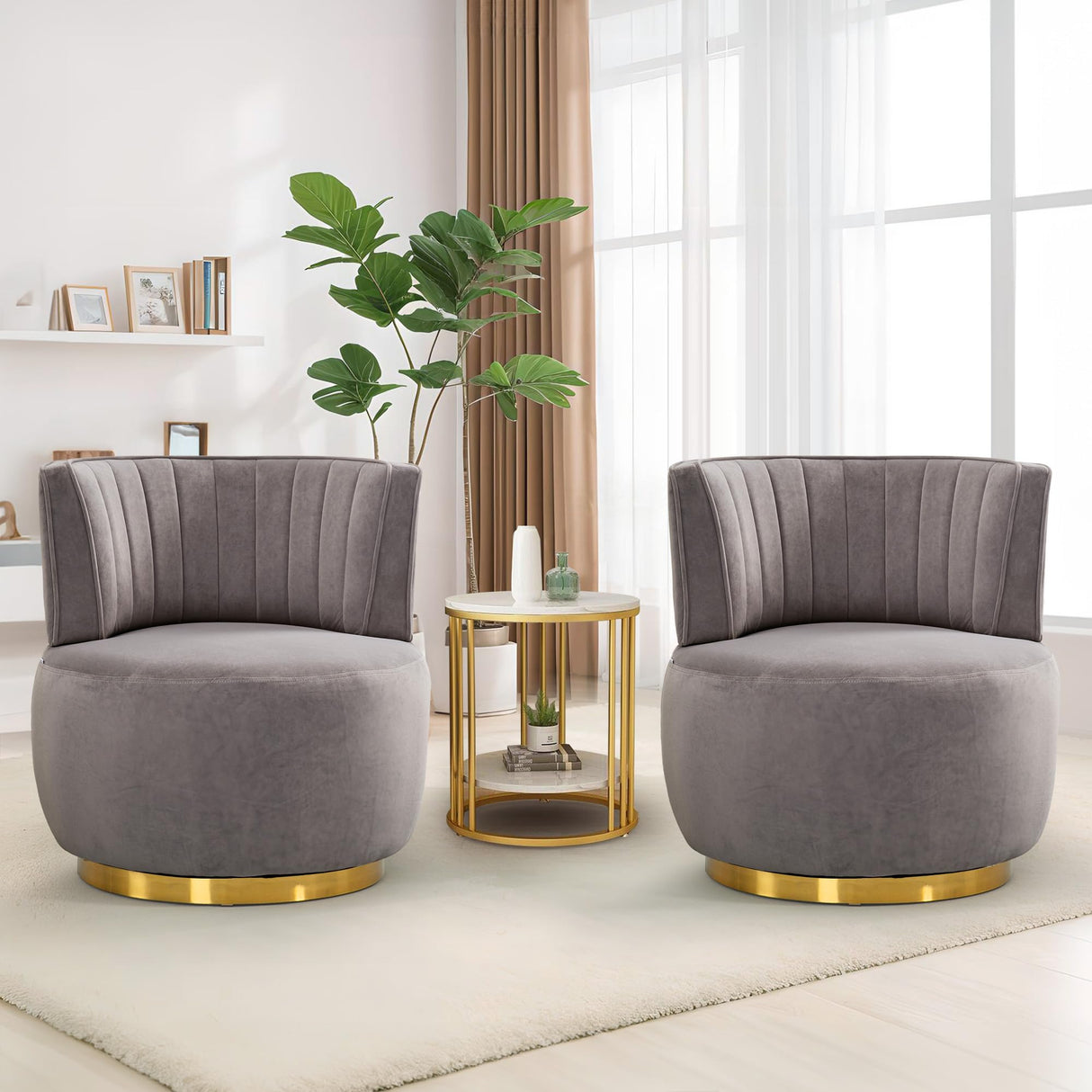 SLEERWAY 360° Swivel Barrel Chair, Modern Velvet Round Accent Chair, Comfy Upholstered Small Armchair with Gold Metal Base for Living Room Bedroom Nursery Office Sillas para Sala, Gray SLEERWAY