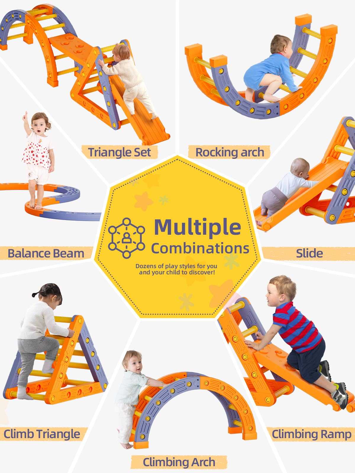 VBABY Climbing Toys for Toddlers 1-6, Pikler Triangle Set 4 in 1, Plastic Indoor Toddler Climbing Toys, Foldable Montessori Pikler Climbing Set, Outdoor Climbing Toys for Kids, Orange & Blue VBABY