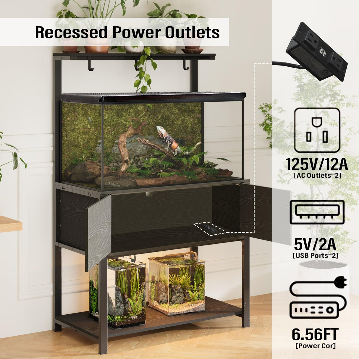 Fienveorn 40-50 Gallon Fish Tank Stand with LED Light Power Outlets,Heavy Duty Metal Aquarium Stand with Storage Shelf and Moveable Hooks,Turtle Reptile Terrariums Stand,Black Halitaa