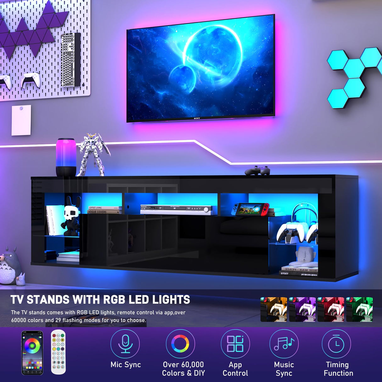 chartustriable 63" Floating High Gloss LED TV Stand for 75" TVs, Wall-Mounted Entertainment Center, Modern Media Console with Open Adjustable Glass Shelf and Hidden Storage Cabinet, Black chartustriable