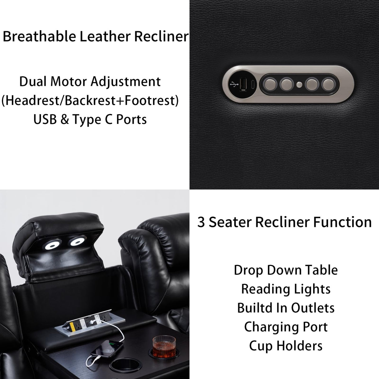 THSUPER Power Breathable Leather Reclining Sofa and Loveseat Set with LED Light, Home Theater Seating Recliner Couch with Adjustable Headrest/Reading Light/USB Port/Bluetooth Speaker, Black THSUPER