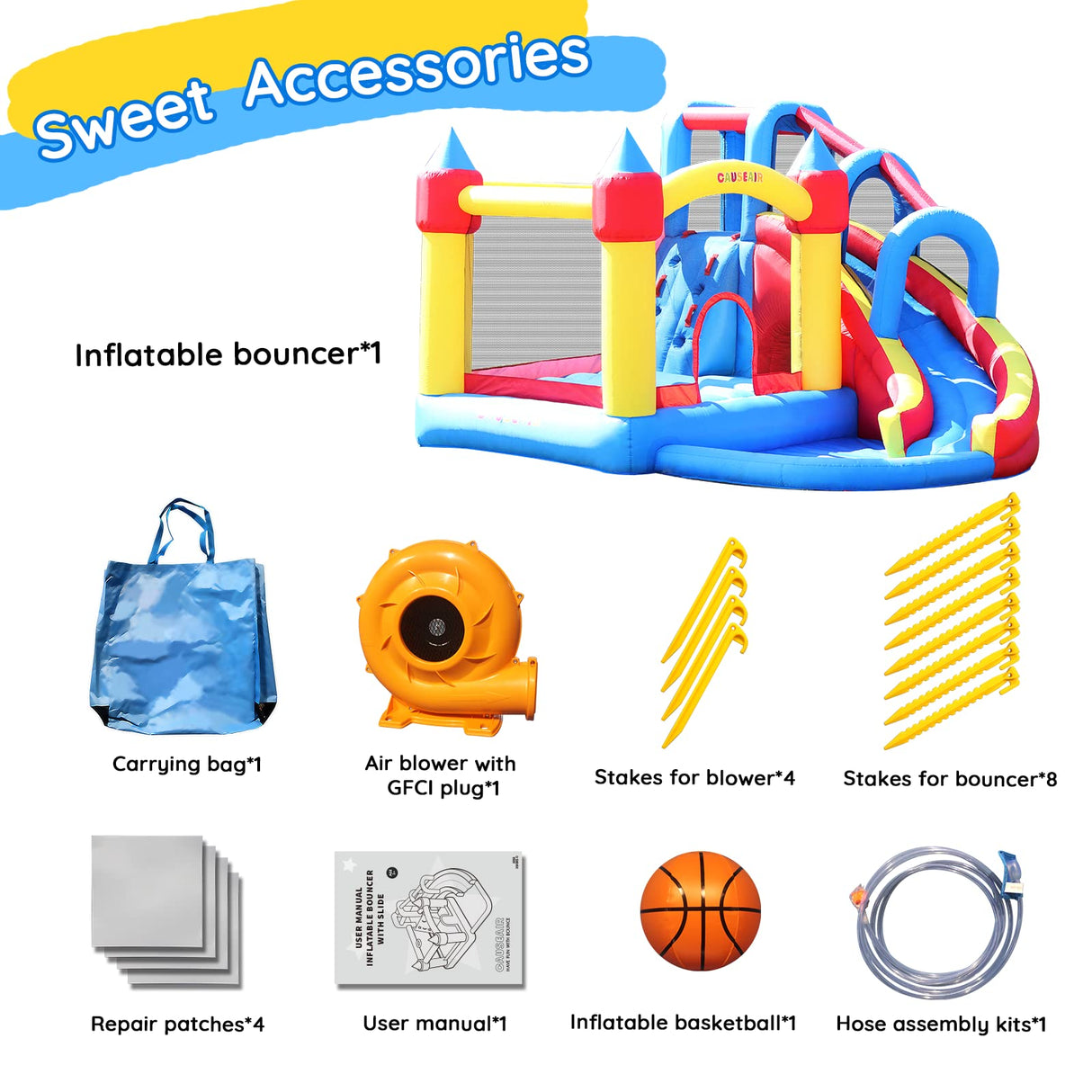 Causeair Giant Inflatable Bounce House with Water Slide,Wet & Dry Use,Basketball Hoop,Climbing Wall,Heavy Duty GFCI Blower,Bouncy Castle with Ball Pit causeair