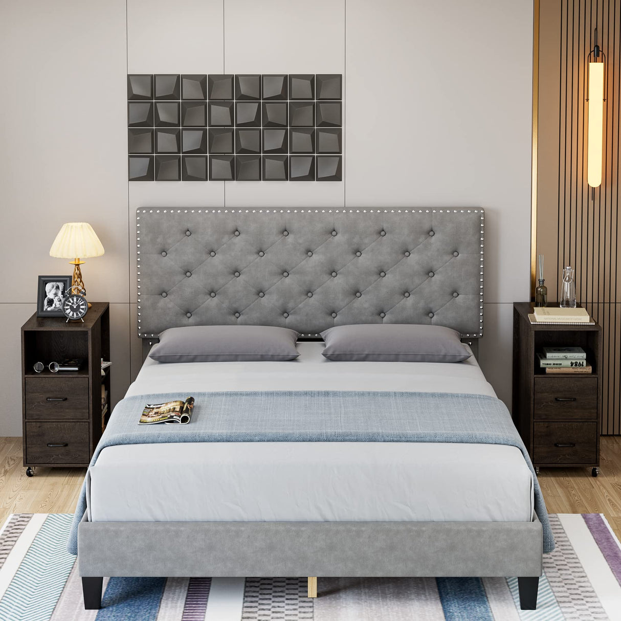 HOSTACK End Side Table, Narrow Nightstand with Storage Drawers and Adjustable Shelf, Rolling Bedside Table for Bedroom, Living Room, Home Office, Dark Brown HOSTACK