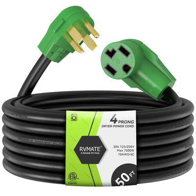 RVMATE 4 Prong Dryer/EV Extension Cord 50 Feet, 30 Amp NEMA 14-30P to 14-30R 125V/250V Waterproof PVC Jacket, Perfect for Dryer Power Extension and Level 2 EV Charging, ETL Listed