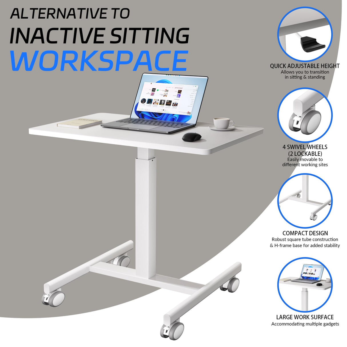 GallopFun Mobile Laptop Standing Desk Adjustable Height, Small Mobile Desk Workstation with Wheels, Portable Rolling Computer Desk Cart for Home Office Classroom (White) GallopFun
