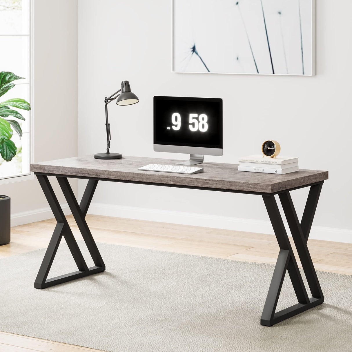 Tribesigns Writing Computer Desk, 55 inch Heavy Duty Study Desk with Z-Shaped Metal Leg, Modern Simple Home Office Computer Desk, Grey Tribesigns