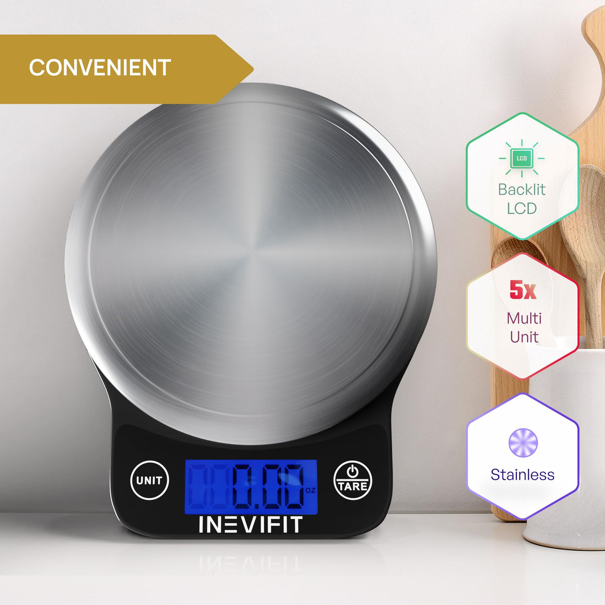 INEVIFIT Digital Kitchen Scale, Highly Accurate Multifunction Food Scale 13 lbs 6kgs Max, Clean Modern Black with Premium Stainless Steel Finish. Includes Batteries INEVIFIT