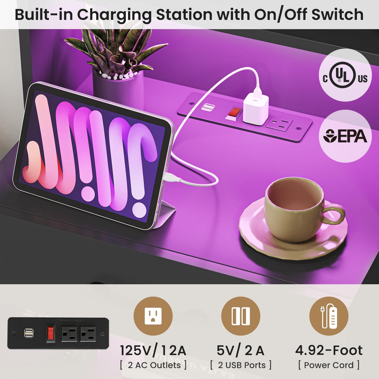 Tall Black Nightstand Set with LED Lights, Charging Station, and Bookshelf - Modern Storage Solution for Bedrooms VIAGDO