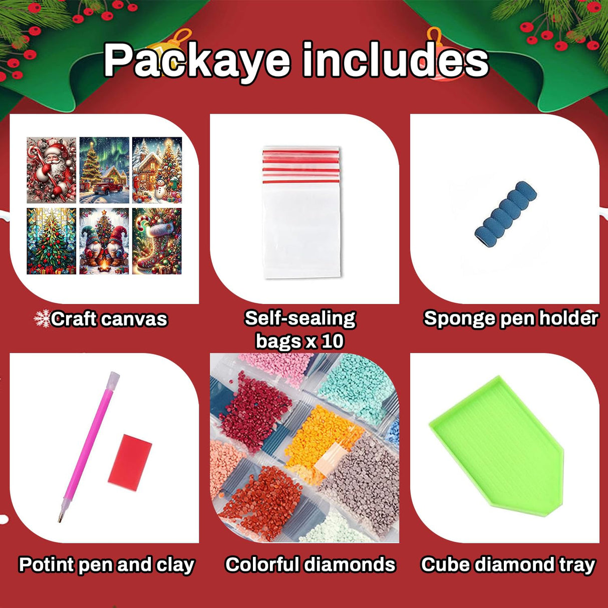 6 Pack Christmas Diamond Painting Kits for Adults- Christmas Diamond Art Kits for Adults, Christmas Tree Snowman Boots Santa Claus Truck Gnome Diamond Painting for Home Wall Decor 12x16 Inch HITO