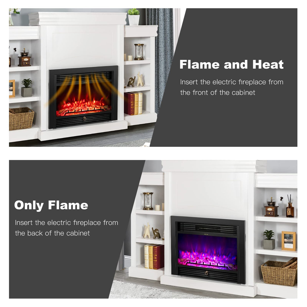 Tangkula 70 Inches Mantel Fireplace, 750W/1500W Electric Fireplace w/Mantel & Built-in Bookshelves, 28.5-Inch Electric Fireplace w/Remote, 1-8H Timer, Adjustable Flame Brightness & Color (White) Tangkula